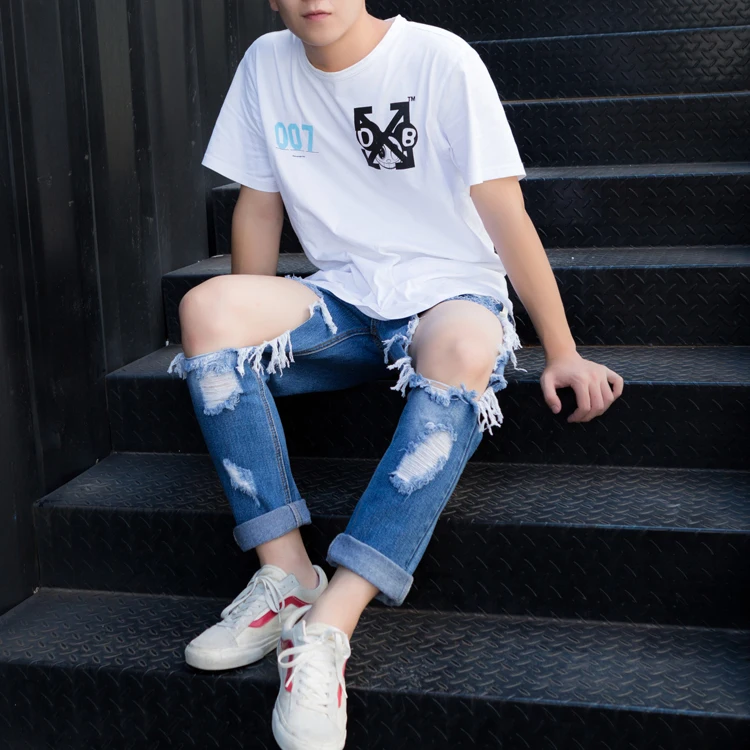 Trendy men's summer big hole leakage knee 9 / 9 jeans men's and women's lovers' Korean version thin beggar pants 5