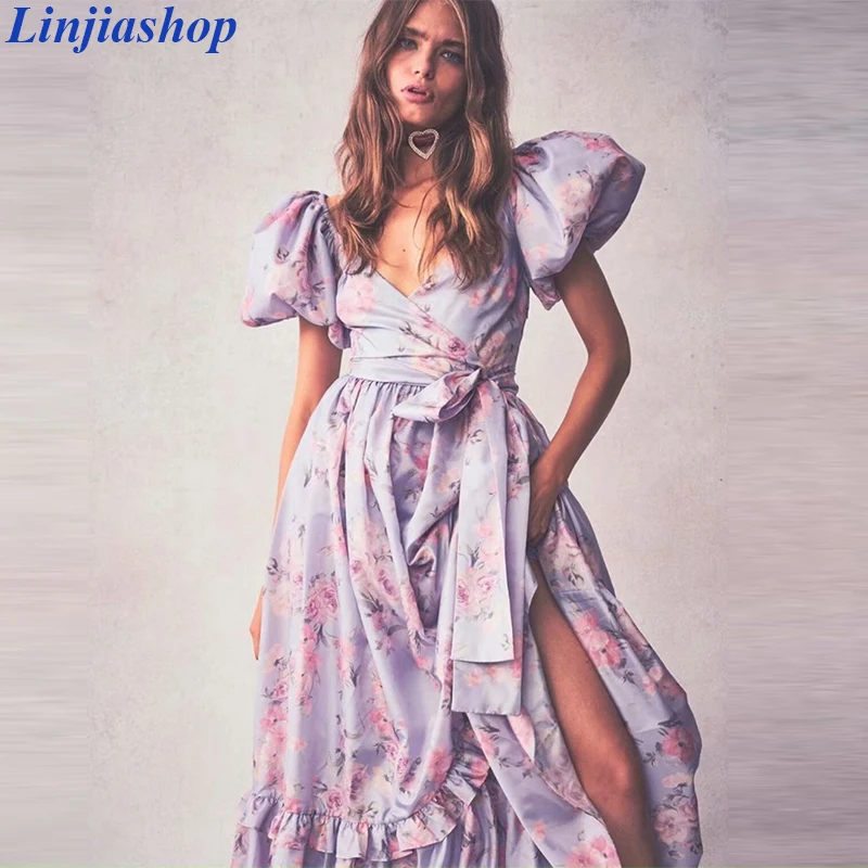 Linjiashop, винтажное платье с принтом и оборками, женское платье с v-образным вырезом, пышными рукавами, высокой талией, на шнуровке, с рюшами, женская мода, vestidos, Новинка