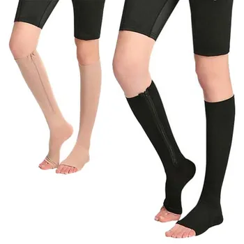 

High quality Men's Women's Open Toe Knee High Anti-Fatigue Zip Leg Compression Support Socks beige L