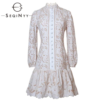 

SEQINYY Mini Dress 2020 Summer Spring New Fashion Design High Quality Hollow out Flowers Embroidery Ruffles Dress
