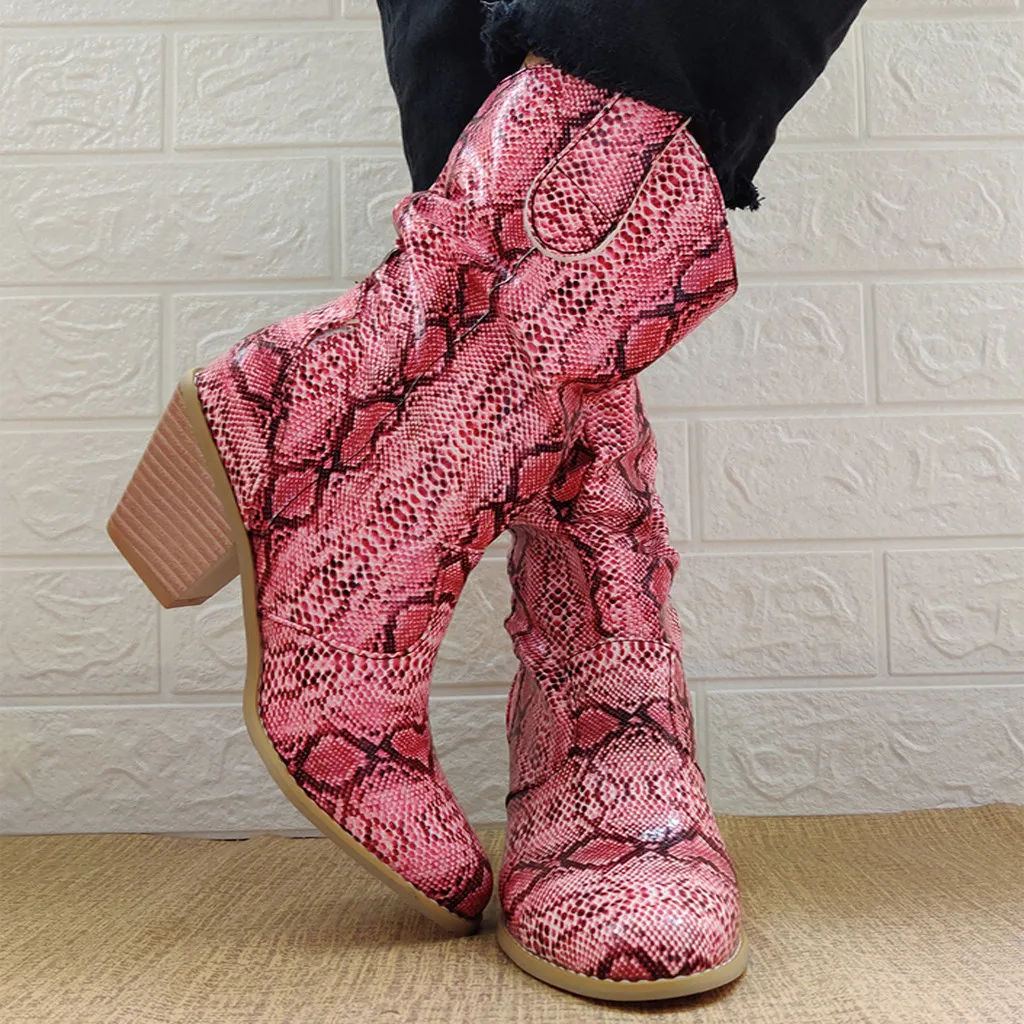 

Leather Boots Woman 2019 Winter Snake Pattern Ankle Boots Fashion Pointed Toe Slip-On Square Heels Shoes Ladies Vintage Booties