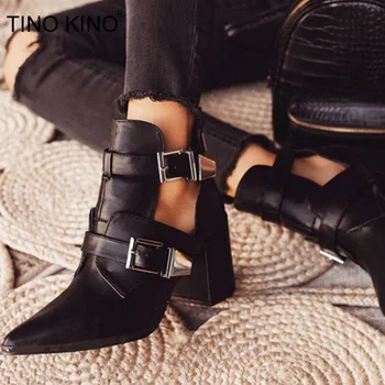 

Woman Buckle Strap Ankle Boots Square High Heel Spring Women Pu Leather Woman's Pointed Toe Shoes Famale Fashion Boots