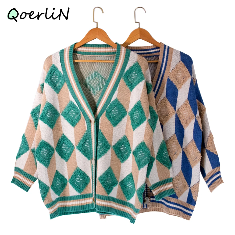 

Heritage Thrift Korean Autumn Winter Diamond Sweater Loose Cardigan Womens Vintage New Prep Knitted Top Cardigan Women 2020 New