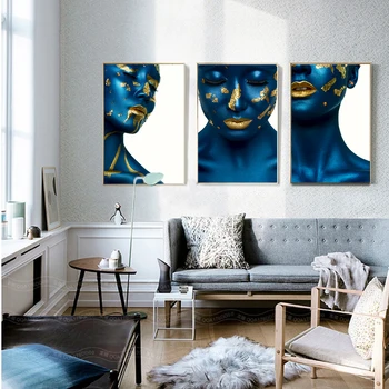 

AAHH Poster Portrait Wall Art Canvas Art Painting Pictures Blue Skin Gold Lips Woman Model for Living Room Home Decor