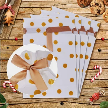 

50 Pcs Candy Cookies Plastic Drawstring Gift Bags Gold Dot Treat Bags for Birthday Party Snack Wrapping Wedding Gift Party Favor