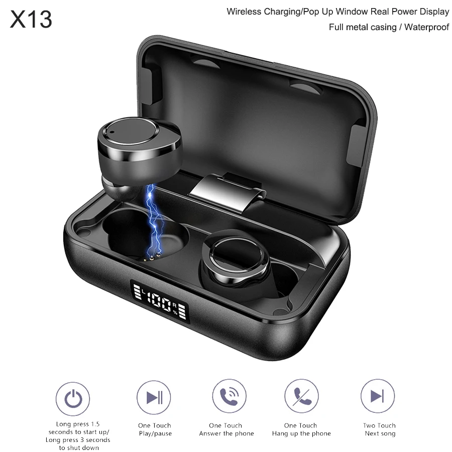 

X13 TWS 5.0 Bluetooth Earphone Stereo Headset Wireless Earbuds IPX7 Waterproof Earphone 5000mAh LED Power Bank Metal Charge Case