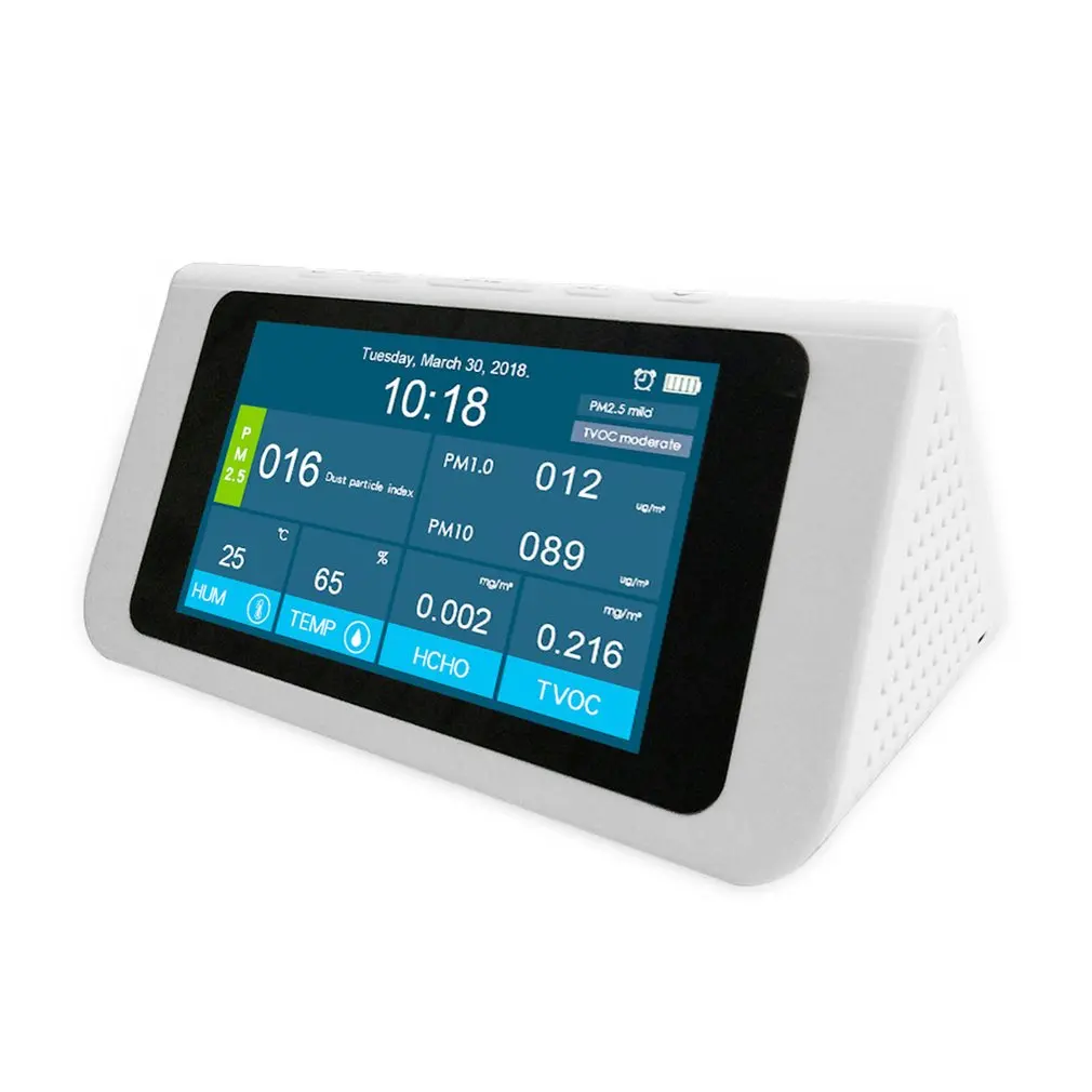 

PM2.5/PM10/PM1.0/TVOC/HCHO Tester AQI Air Quality Analysis Detector Temperature Humidity Monitor Smog Meter w/ Alarm Clock