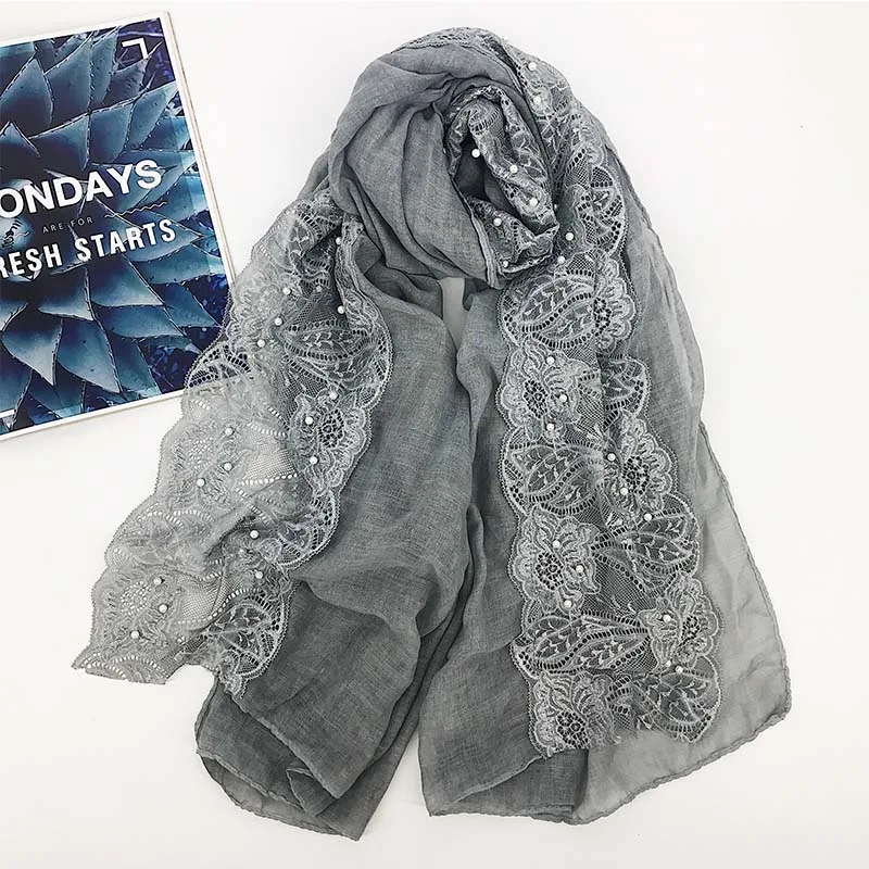 Lace floral hijab scarf plain beads cotton headband scarves wraps shawls hijab spring muslim scarf 180*80cm - Цвет: 9