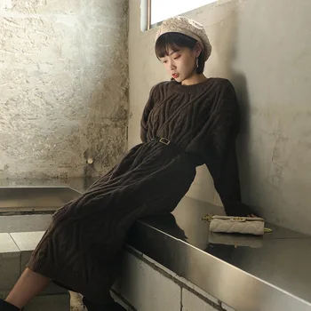 

SuperAen Solid Casual O Neck Full A Line Mid Calf Straight Sweater Dresses for Women