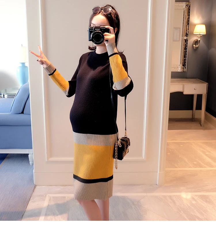 Зимнее модное трикотажное платье для беременных, короткое хлопковое платье для беременных, элегантное прямое трикотажное платье для офиса
