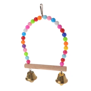 

Natural Wooden Birds Perch Parrots Hanging Swing Cage With Colorful Beads Bells