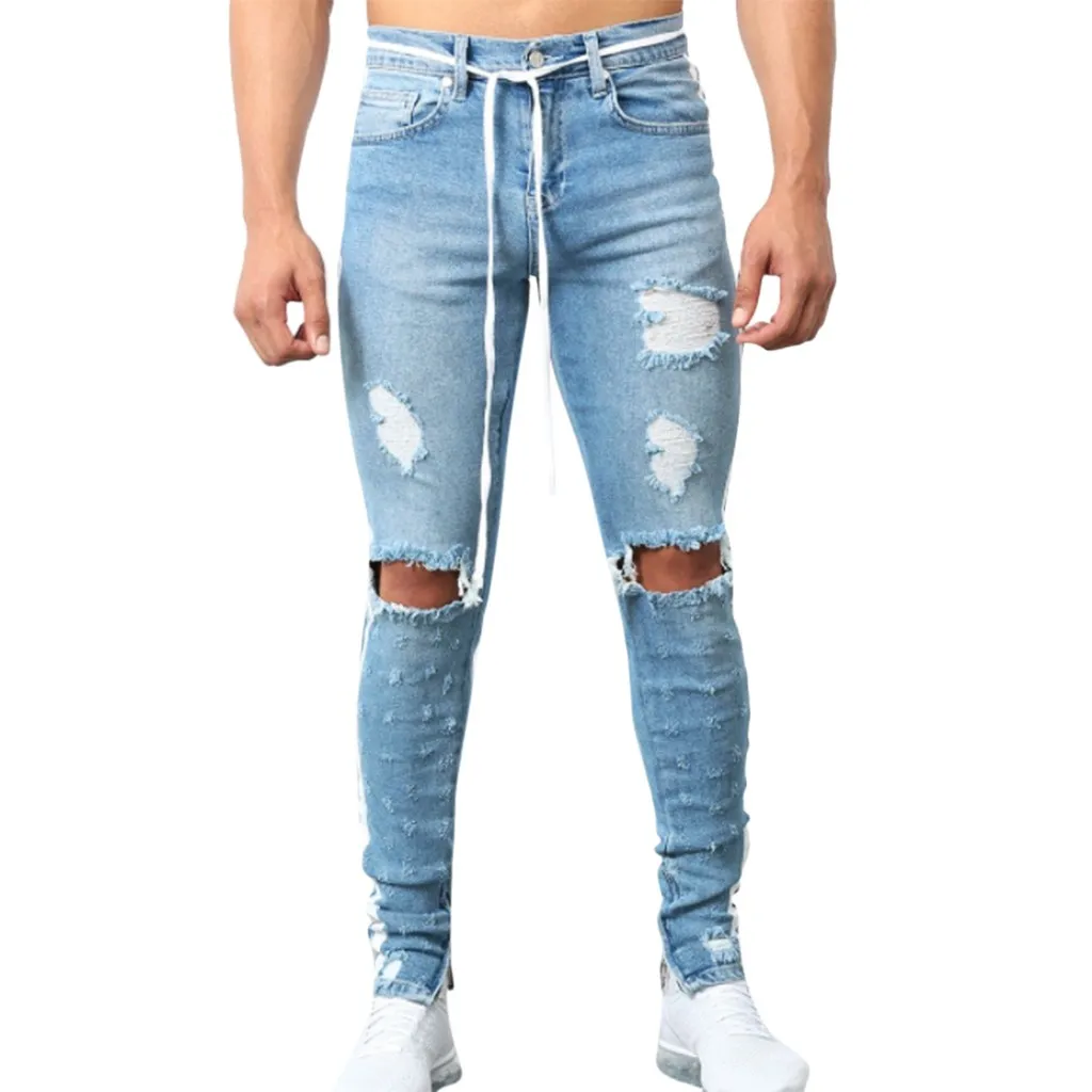 Men's Fashion Denim Cotton Straight Hole Trouser Distressed Jeans mens jeans big sizes ripped jeans for men stretch denim mens
