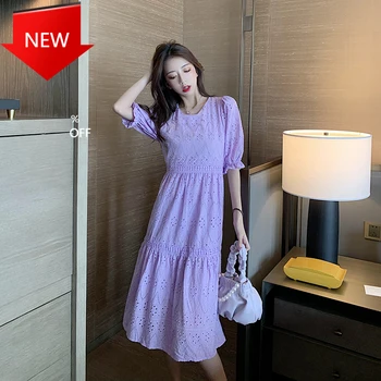 

Tunic Oversize Midi Dresses Female 2020 Summer New Clothe Vestidos Korean Hollow Out Womens O Neck Short Sleeve High Waist