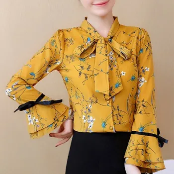 

Female Floral Print Blouses Summer Ladies Lace Up Shirts Women Casual Chiffon Blouses Shirtse