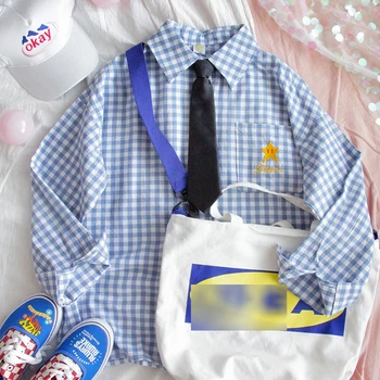 

Spring New Women Long Sleeve Plaid Blouse Girls Loose Student Cute Tie Star Embroidery Japanese Harajuku Soft Sister Shirt Tops