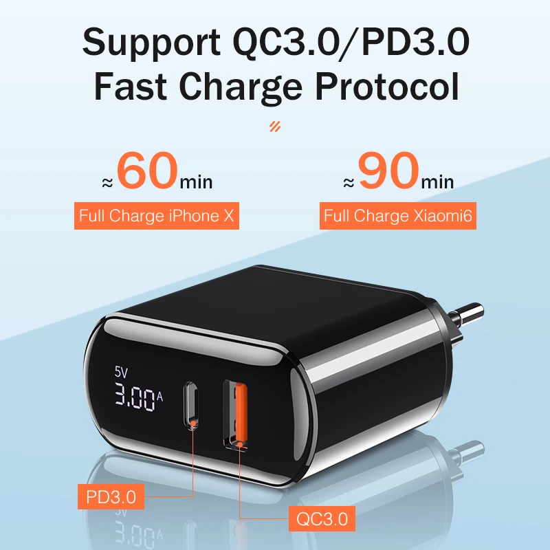 YKZ 18 Вт светодиодный дисплей QC3.0 USB зарядное устройство Быстрая зарядка 3,0 QC Тип C PD Быстрая зарядка дорожное настенное зарядное устройство для iPhone X 8 samsung S10