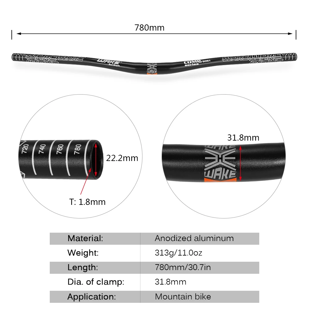 

Wake Aluminum Alloy MTB Handlebar Mountain Bike Handle Bar Bicycle Cycling Flat Bar 780MM Anodized Handlebar for casco ciclismo