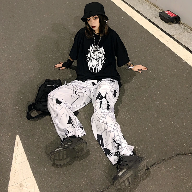 Боковые карманы абстрактный принт Harajuku уличная женская одежда свободные эластичные брюки с высокой талией женские новые унисекс прямые брюки