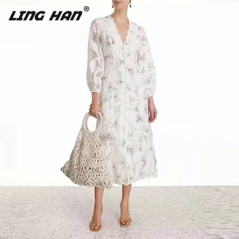 

LINGHAN Vacation Jacquard Dress Women's Fashion V-Neck Lantern Sleeve High Waist Dresses Designer Autumn New