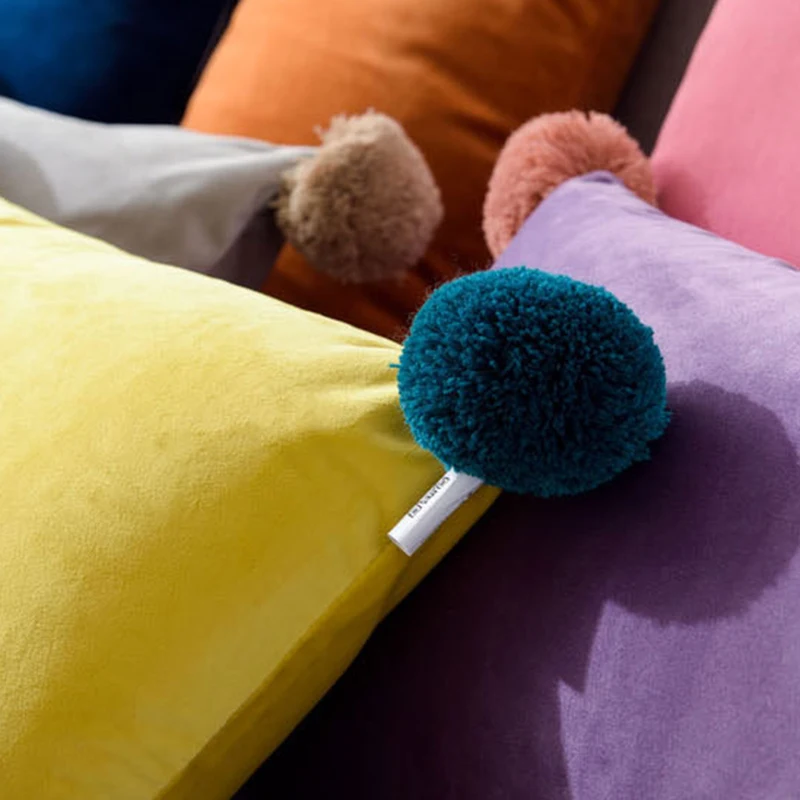 Чехол для подушки с помпонами, бархатный Пушистый Диванный декор, милый уютный