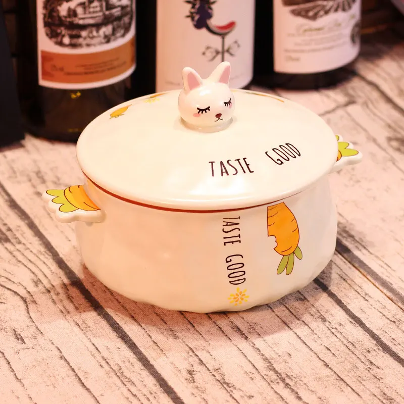 1pc rabbit 2 Лапша быстрого приготовления Kawaii Большая керамическая миска для лапши быстрого приготовления с крышкой милый рисунок свиньи еда рисовый суп контейнер домашняя кухня посуда - Цвет: 1pc rabbit 2