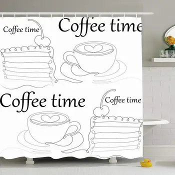 

Shower Curtain Set with Hooks 66x72 Paper Coffee Time Dessert One Hot Line Cake Pattern Textures Food Happy Drink Outline Animal