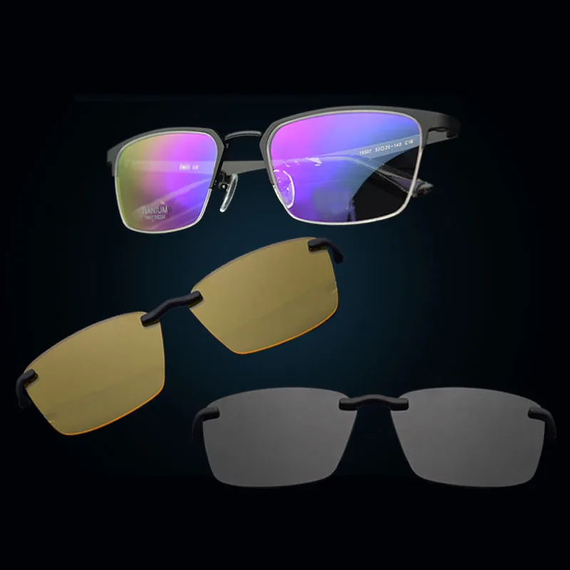 

Half Frame Pure Titanium Glass Frame Matte black Polarized 3d Eyeglasses Myopia Men Sunglasses Night-Vision Magnet Clip Brown