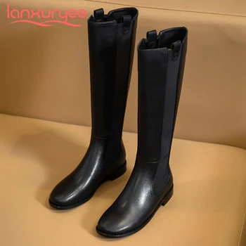 

Lanxuryee equestrian boots split leather comfortable charming square toe thick low heel slip on young lady knee high boots L73