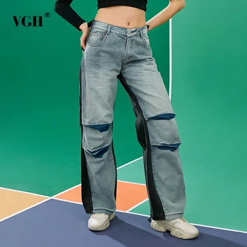 

VGH Casual Patchwork Hit Color Denim Women's Pants High Waist Loose Autumn Wide Leg Jeans Female 2020 Fashion Clothing tide