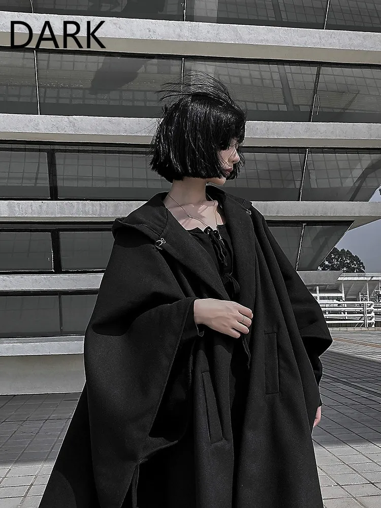 

[DARK] Tao Agou-jun Black Woolen Coat Women's Mid-length 2019 Autumn And Winter New Lapel Hooded Coat Thick
