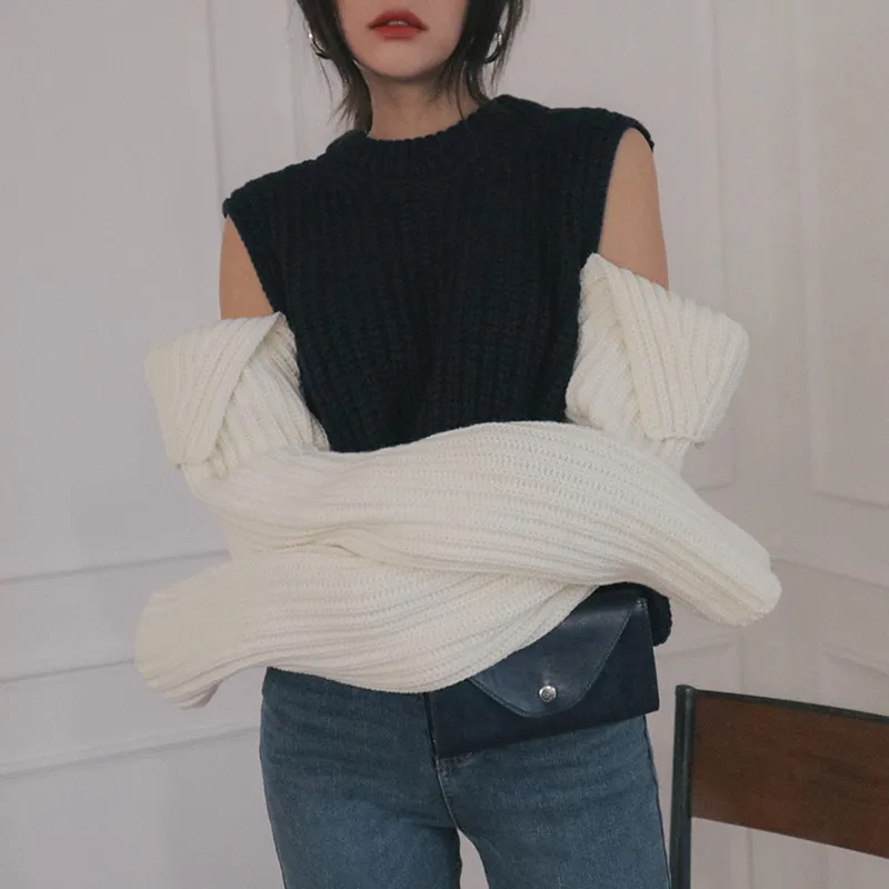 Black Sweater Women RICININA, лоскутный женский свитер,, длинный рукав, о-образный вырез, с вырезом, шикарный сексуальный свитер, топы для женщин, корейский вязаный пуловер - Цвет: Black Sweater Women