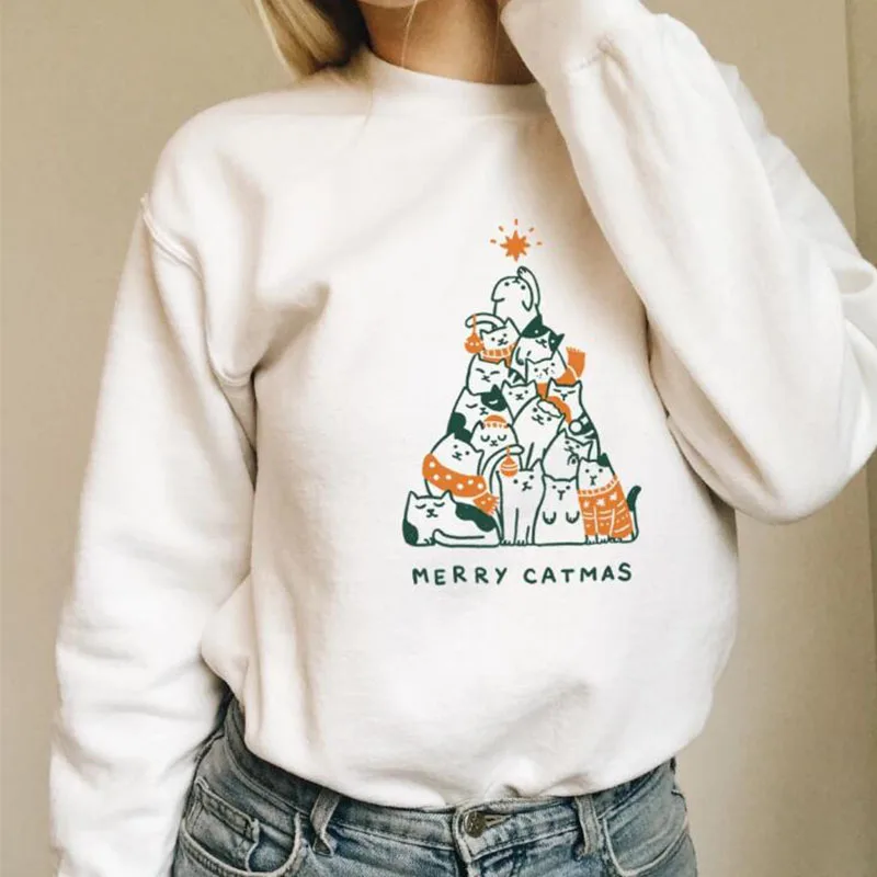 Merry Catmas/белая толстовка с принтом милого кота в стиле Харадзюку; женская повседневная одежда; сезон осень-зима; модные топы с вырезом лодочкой; Прямая поставка