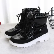 Черные ботильоны из лакированной кожи; женские теплые короткие зимние ботинки на квадратном каблуке; Повседневная нескользящая обувь на шнуровке; большие размеры