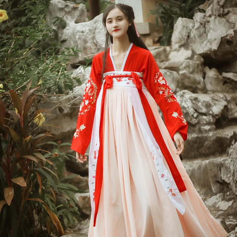 Hanfu красное платье китайские традиционные костюмы женские элегантные Hanfu одежда Китайский древний костюм народная танцевальная юбка DQL348