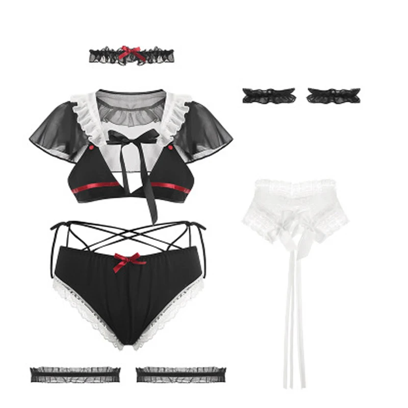 Black OJBK, 6 шт., в стиле панк, хит, искушение, порно, для ролевых игр, кружевной, милый костюм горничной, сервант, сексуальное женское белье для женщин, дьявол, косплей, черная униформа - Цвет: Black