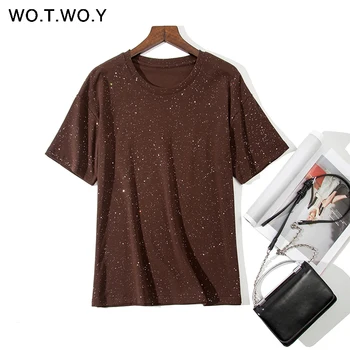Женская футболка с блестками WOTWOY, Базовая Трикотажная эластичная футболка с o-образным вырезом и коротким рукавом на весну и лето 2020