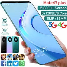 Mate43 Plus-teléfono inteligente Android 10, móvil de 5,8 pulgadas, Dual SIM, identificación facial, 8 núcleos, 4800mAh, 6 + 128GB, MTK6763, 4G, 5G, identificación de huellas dactilares