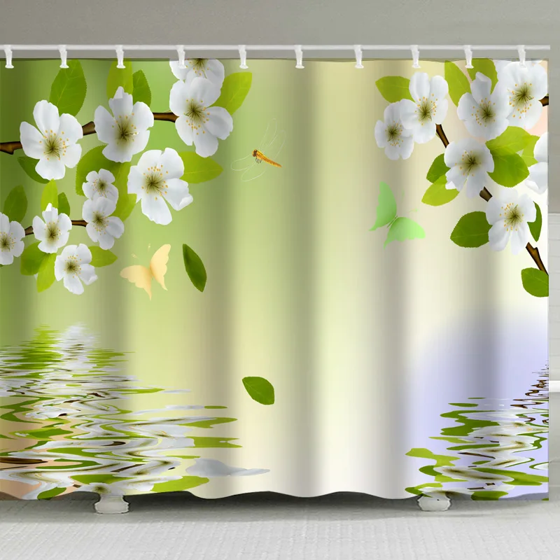 

Flower type printing waterproof non-perforating belt hook shower curtain