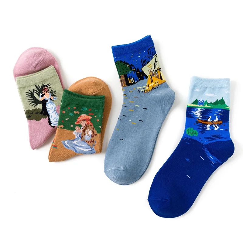 Мультфильм картина маслом пара женские хлопчатобумажные носки Брендовые спортивные часы, ретро-носки для девочки; принт; длинный носки осенние зимние детские носки 4 пар/компл