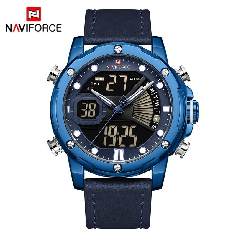 NAVIFORCE, мужские часы, цифровые, спортивные, Лидирующий бренд, Роскошные, мужские наручные часы, Военный стиль, натуральная кожа, светодиодный, кварцевые, модные мужские часы, 9172 - Цвет: NA917201 without box