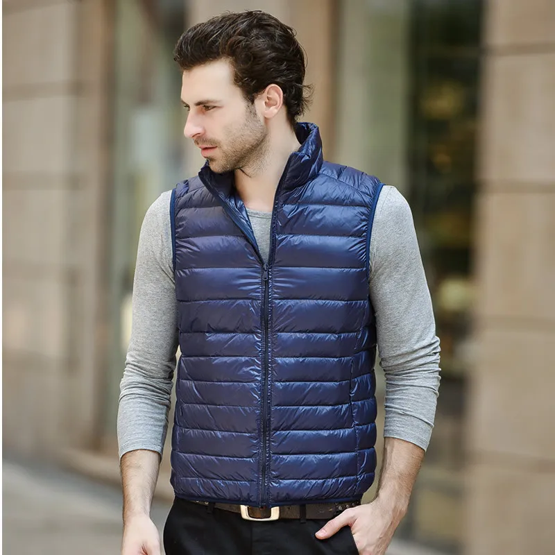 Зимний мужской жилет из 90% белого утиного пуха, Сверхлегкий жилет без рукавов, мужская куртка со стоячим воротником, большой размер, свободный складывающийся жилет