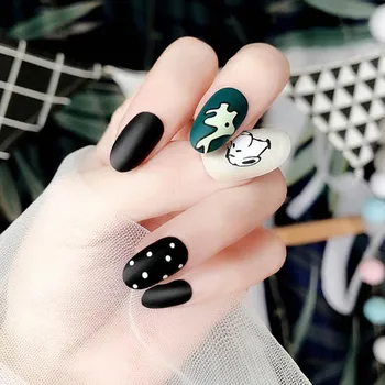 

24Pcs/box Cool Black and White Dot Point Matte Short oval fake Nails Wearable Full Cover press on nails with 2g glue for grils
