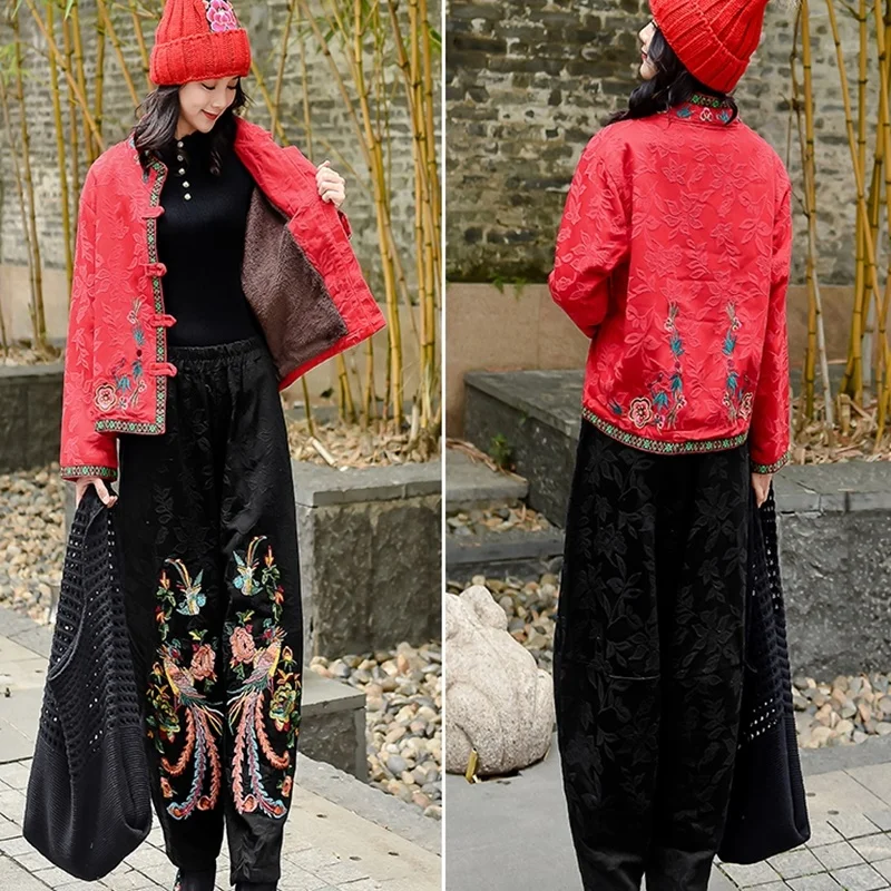 Spring Autumn Women Vintage Ethnic Wind Embroidered Harem Pants Cotton Loose Wide Leg Pants Casual Elastic Waist Trousers TA2136