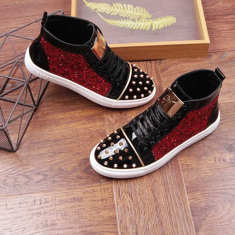 Fashion men sequins rivet Sheet metal Casual Platform high top shoes Flats Male Designer prom Dress Loafers Shoes zapatos hombre