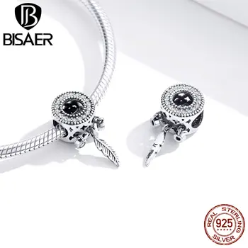 

BISAER 925 Sterling Silver Charms Feather Dreamcatcher For Bracelet Shiny CZ Bead Pendant DIY Necklace Jewelry Making HSC1550