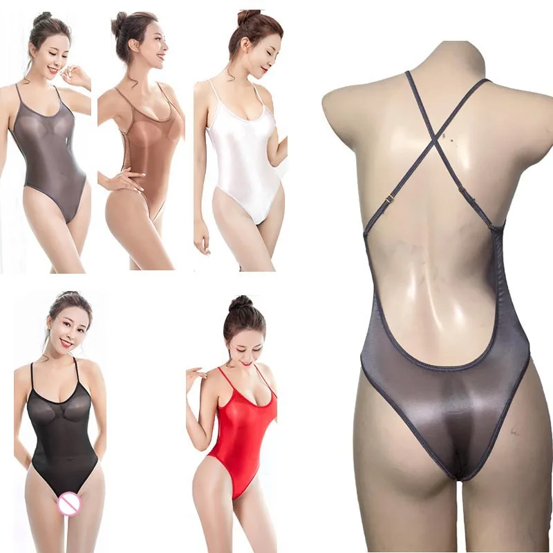 

Sexy Women Sheer Oil Shiny Leotard Lingerie Crossing Back Skinny Glossy Silk Teddies Bodysuit Underwear Swim Wear