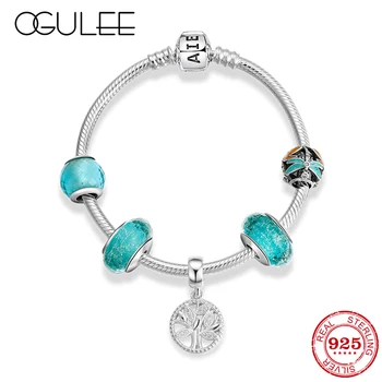 

Original 925 Silver Snake bone Bracelets with Tree of Life Green Glass Beads Charm Fashion Women 925 Silver Beads Jewelry Making
