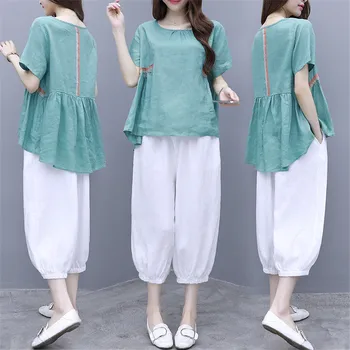 

2020 New Summer Women Casual Suits Women's Tracksuits Female Solid Color Short Sleeve Tops And Loose Harem Pants Sportwear 2Pcs