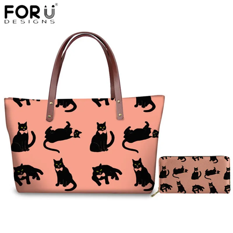 

FORUDESIGNS Brand Design Handbags 2pcs/set Cartoon Black Cat Print Purse & Wallet for Teen Girls Casual Shoulder Bag Women Totes