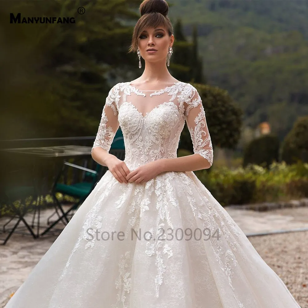 MANYUNFANG Половина рукава; robe de Mariage Роскошные торжественное платье из прозрачной ткани Casamento дизайн кружева свадебное платье